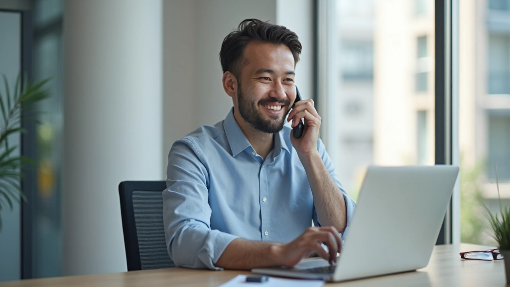 Специалист техподдержки консультирует клиента по телефону в современном офисе