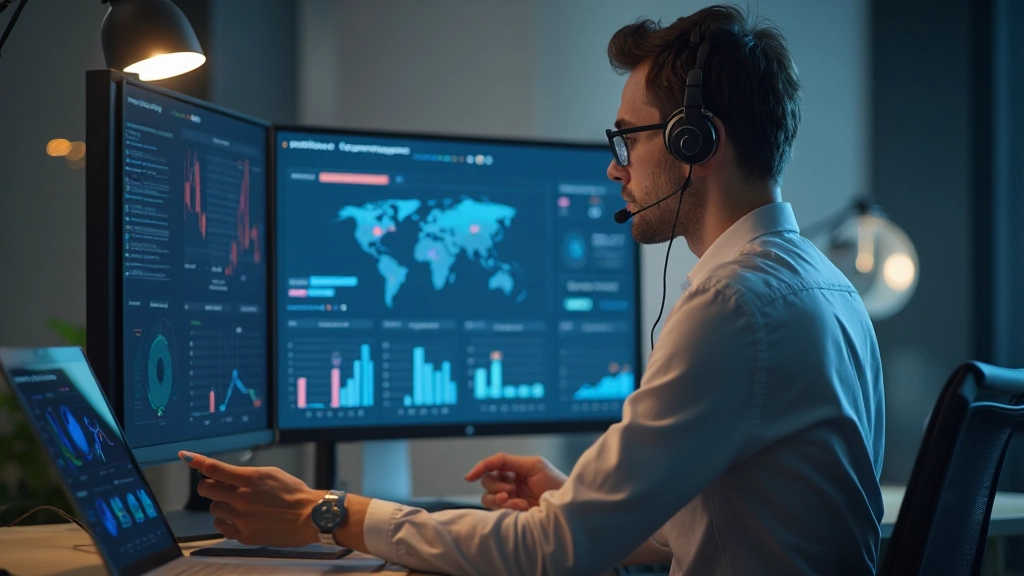 Аналитик рассматривает дашборд с ключевыми метриками и KPI поддержки на экране
