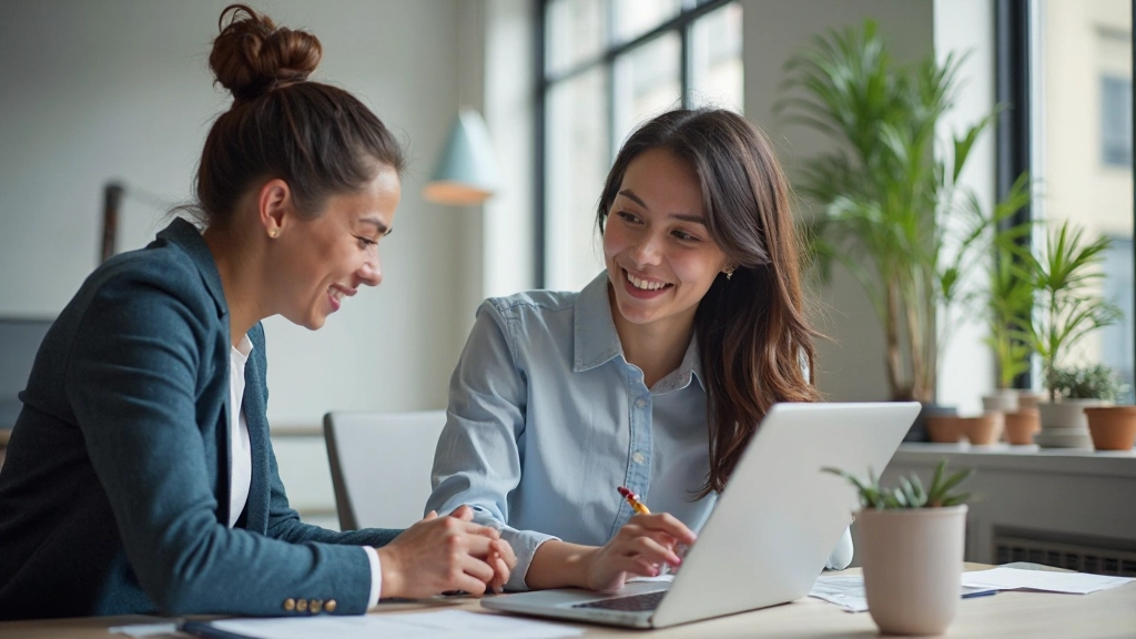 Два коллеги обсуждают стратегию поддержки клиентов в современном офисе