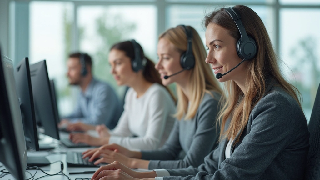Команда профессиональных агентов поддержки в современном call-центре, помогающих клиентам