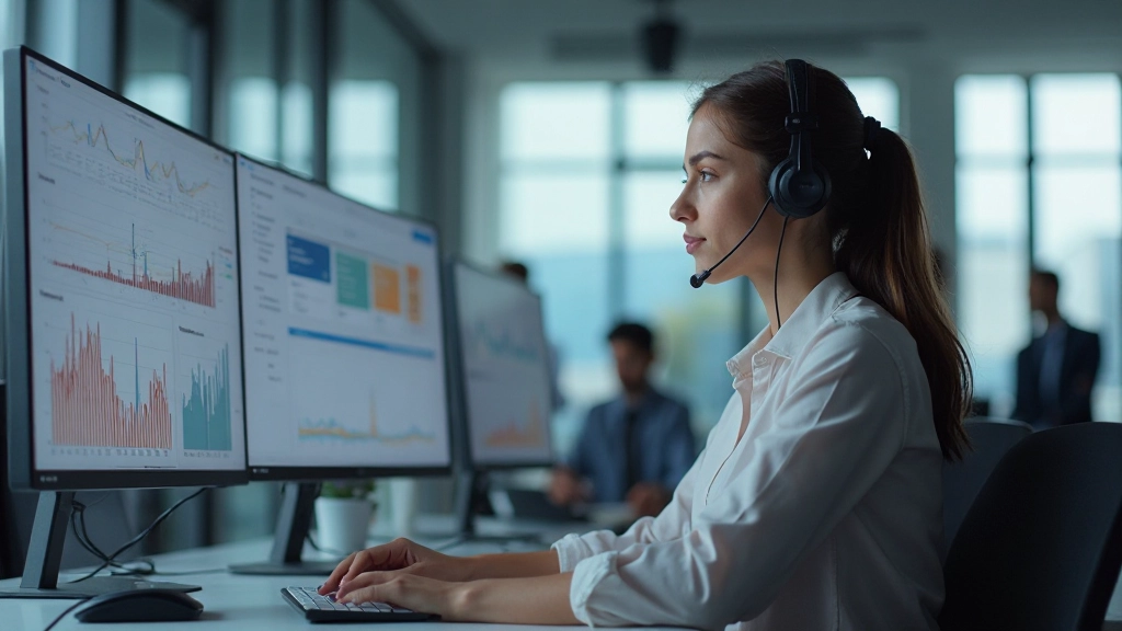 Аналитик изучает метрики поддержки на мониторе с графиками времени ответа и индексов удовлетворённости клиентов