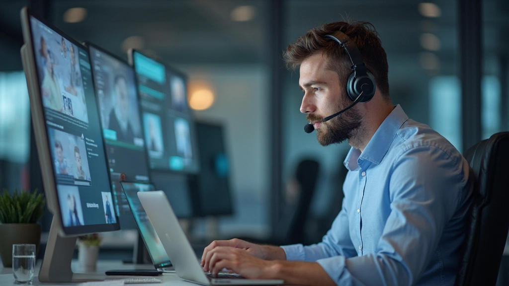 Профессиональное фото агента поддержки за компьютером в современном офисе