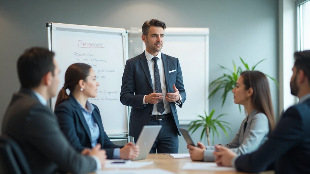 Менеджер проводит тренинг для группы сотрудников поддержки в конференц-зале