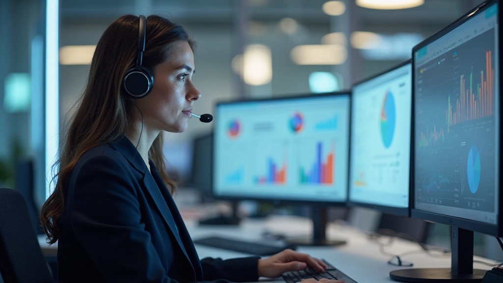 Аналитик данных анализирует метрики качества обслуживания на мониторе