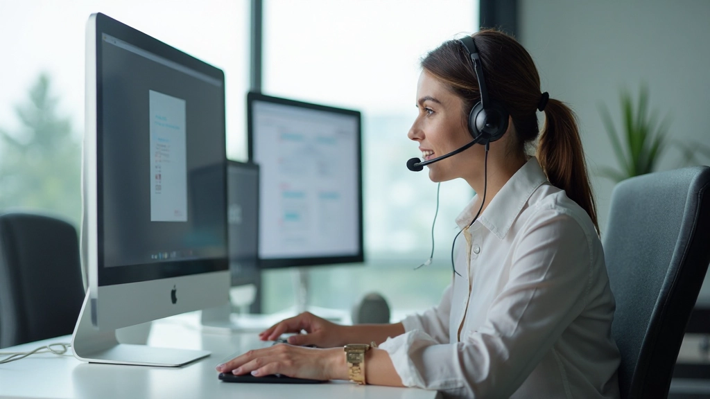 Профессиональный агент поддержки консультирует клиента в современном офисе с наушниками и компьютером